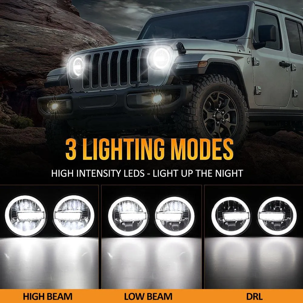 (2pcs/set) 7 Inch 90W DOT Approved LED Headlights with Halo Ring DRL & High Low Beam for Jeep Wrangler JK TJ LJ CJ