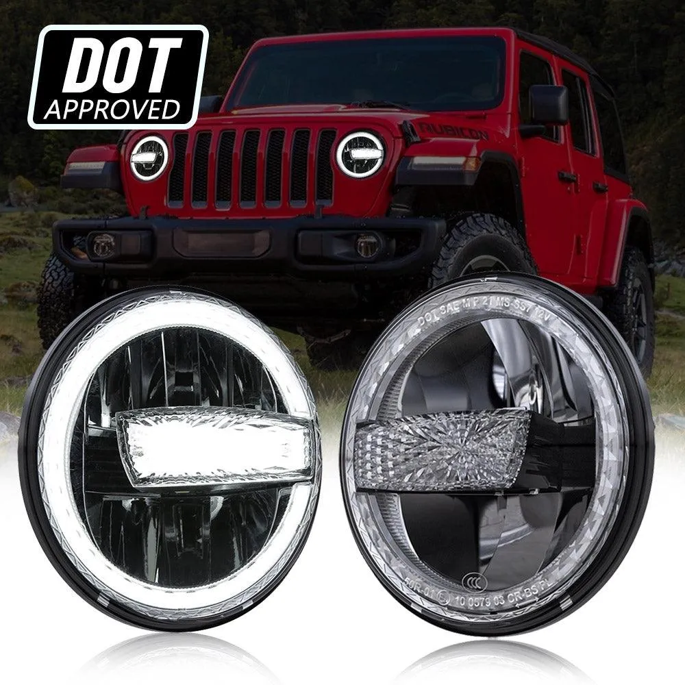 (2pcs/set) 7 Inch 90W DOT Approved LED Headlights with Halo Ring DRL & High Low Beam for Jeep Wrangler JK TJ LJ CJ