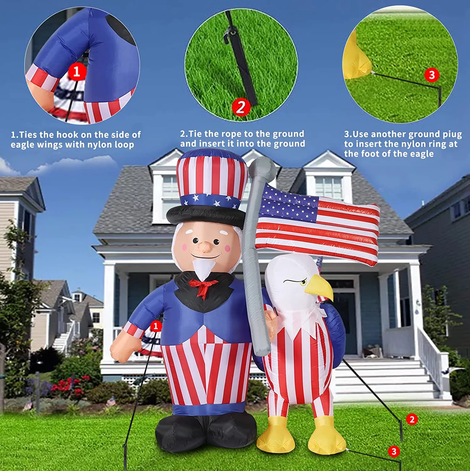 5.2ft/5.9ft/7ft/7.9ft Patriotic Independence Day Inflatable American Eagle Blowup Outdoor Decoration