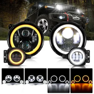 9'' LED Halo Headlights & 4'' 30W LED Fog Lights with White DRL Amber Turn Signal For Jeep Wrangler JL 2018-2020