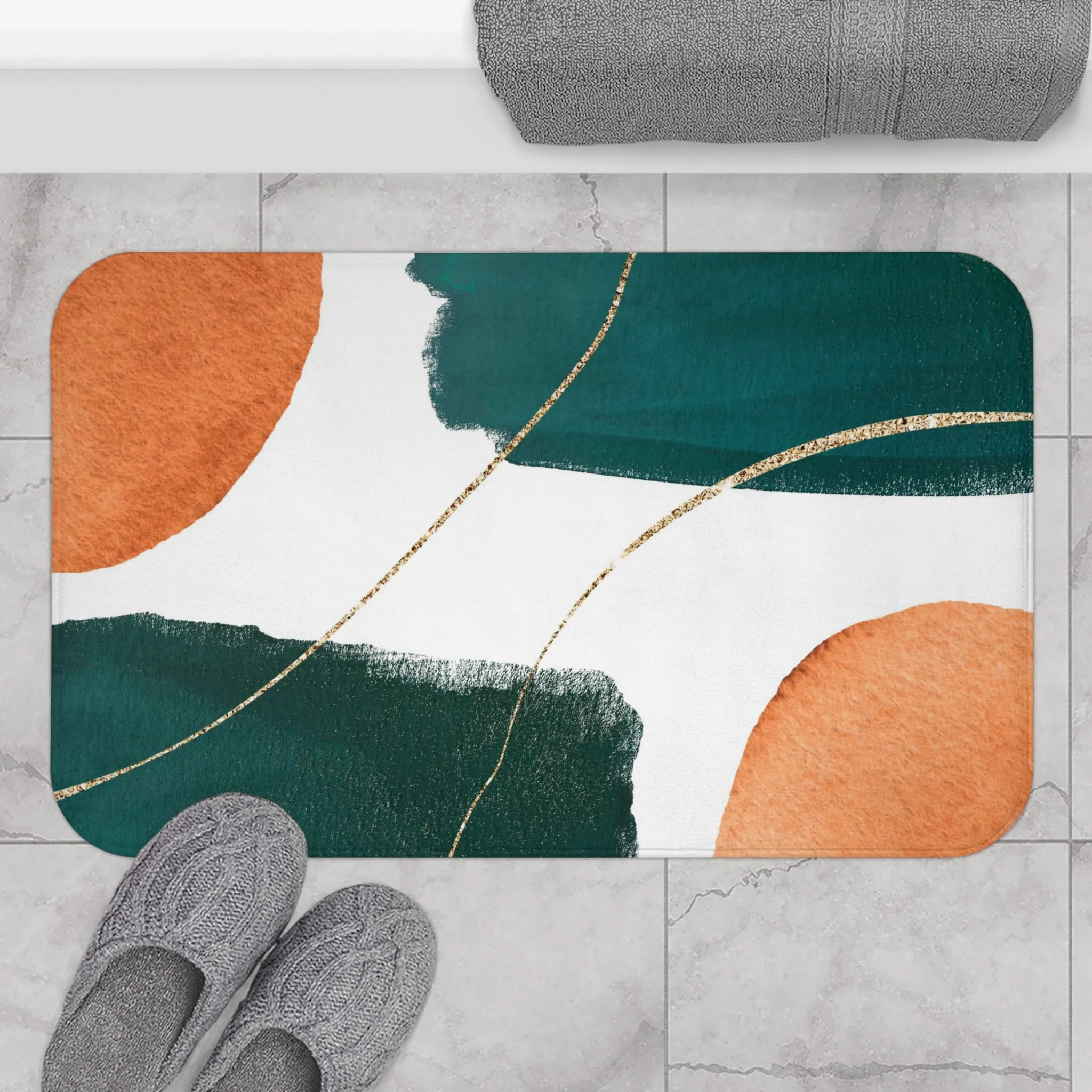 Abstract Bath Mat | Green Orange White