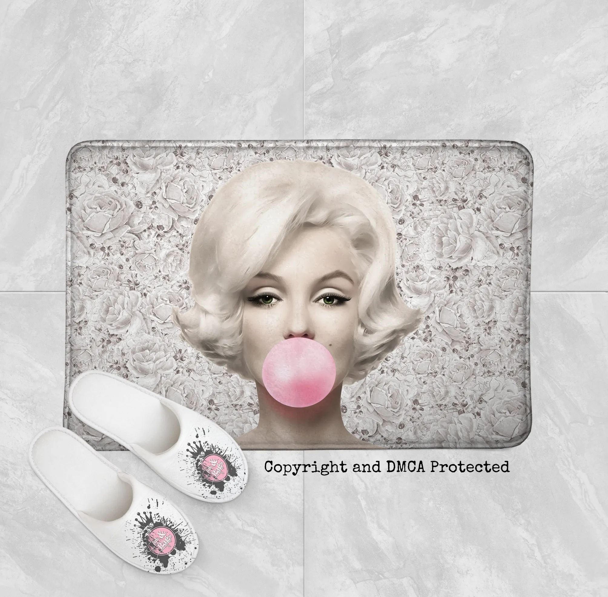 Beige Rose Marilyn Monroe Bubble Gum Shower Curtains and Optional Bath Mats