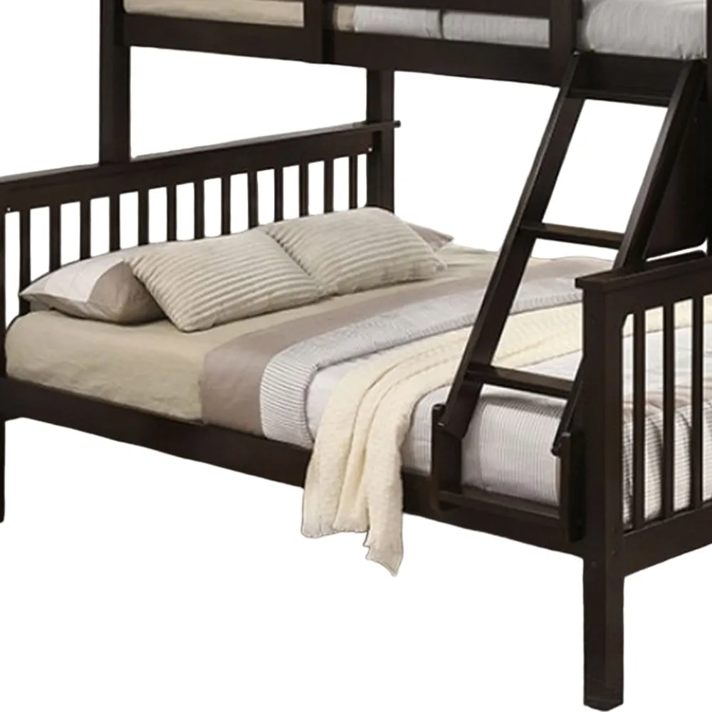 Bruke Twin/Full Size Bunk Bed with Ladder, Slatted Brown Solid Hardwood By Casagear Home