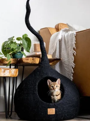 Deluxe Handcrafted Felt Cat Cave With Tail - Night Black