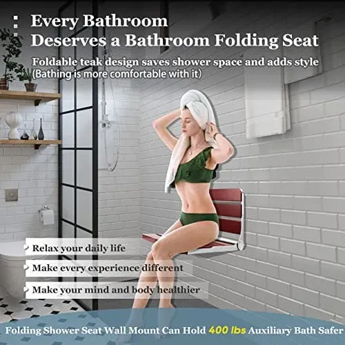 Folding Teak Shower Seat Wall Mounted,Fold Down Shower Seat,Foldable Shower Bench,Home Care Teak Shower Seat Bench for Inside Shower,Folding Shower Seat Bench,Wall Mount Shower Seat Bench Chair