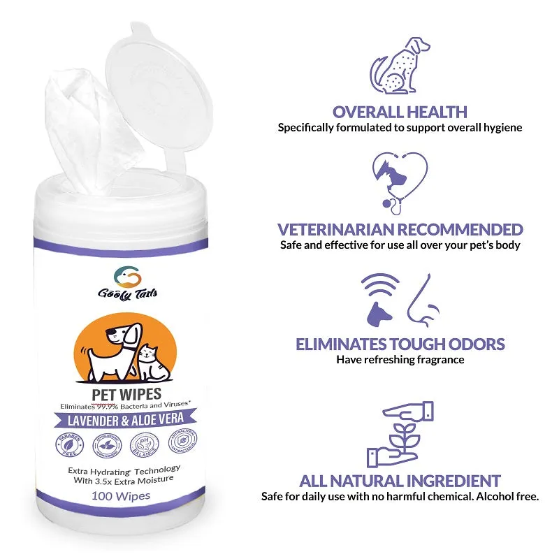 Goofy Tails Antibacterial Lavender and Aloe Vera Grooming Pet Wipes For Dogs, Cats and Puppies - 100 Wipes