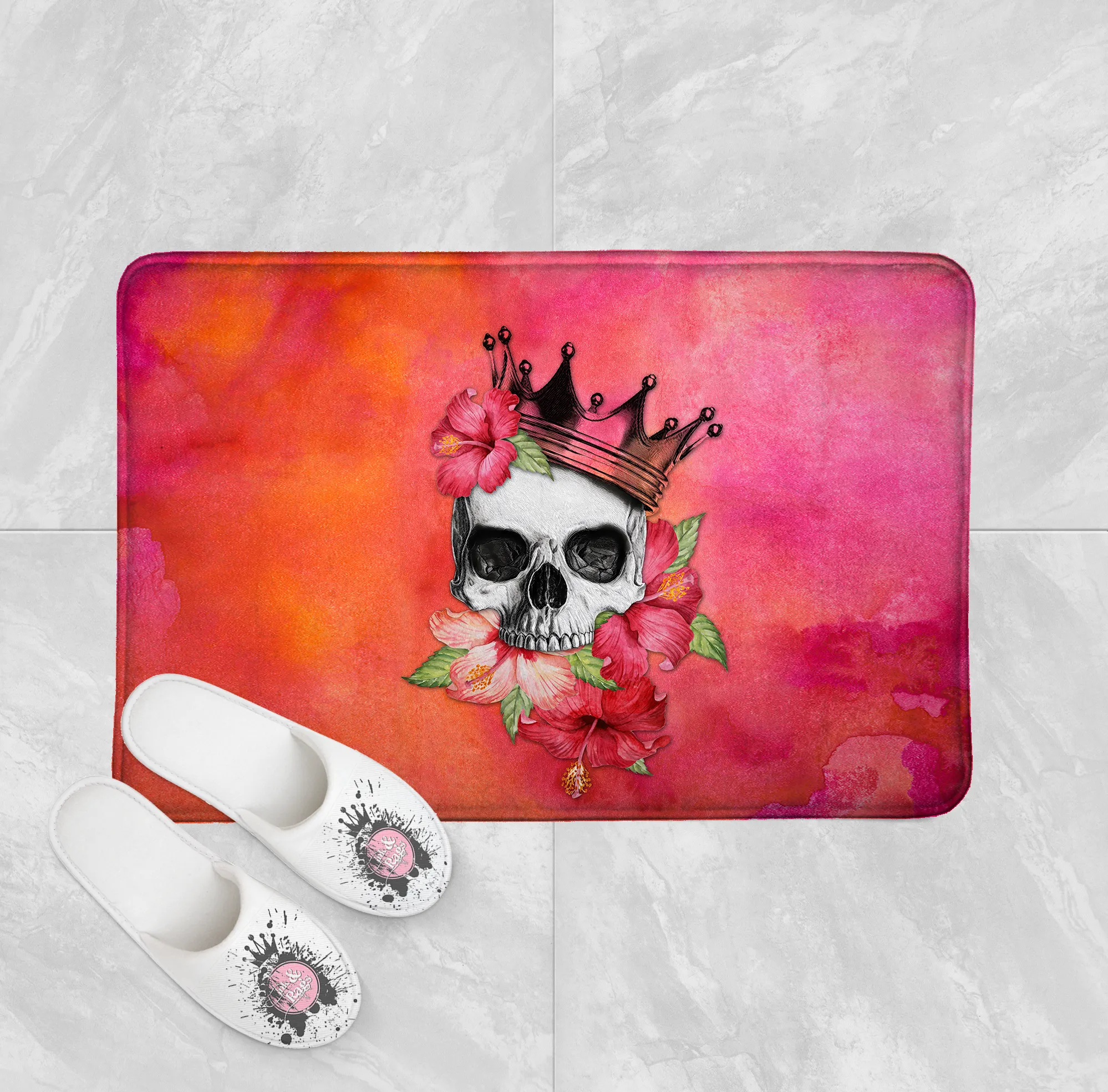 Hibiscus Watercolor Skull Crown Shower Curtains and Optional Bath Mats