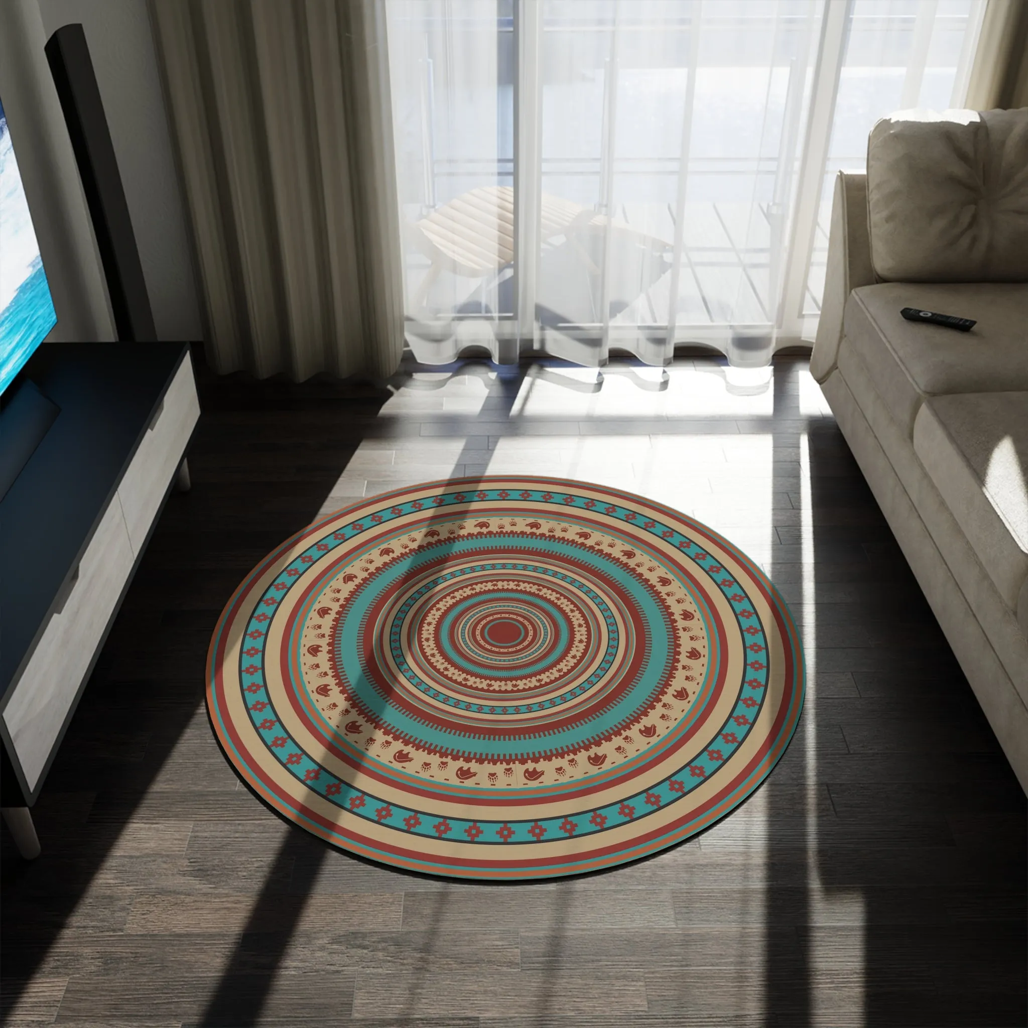 Living Room Round Rug Southwestern Boho Print Polyester Chenille One Size Accent Rug for Office Bedroom Rug