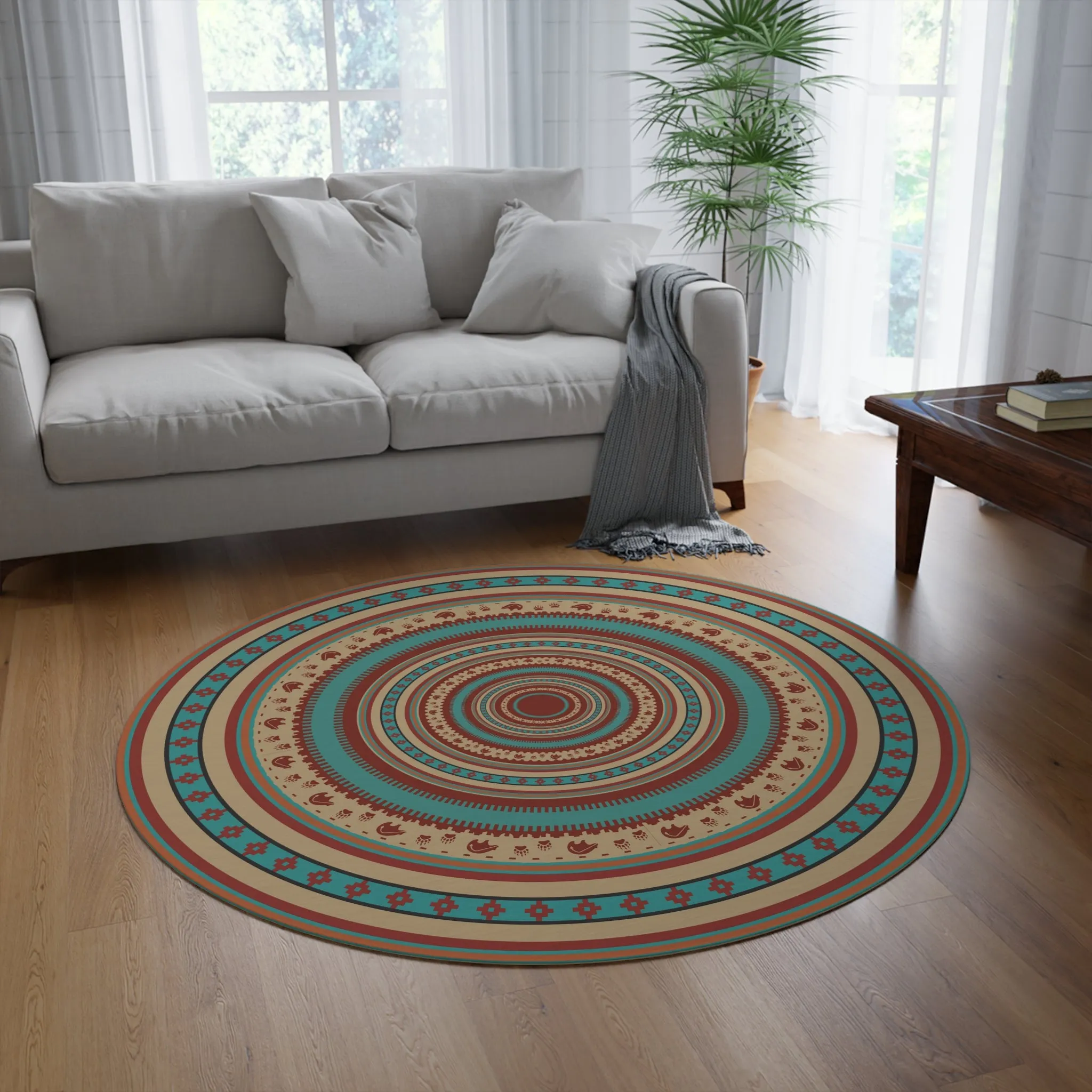 Living Room Round Rug Southwestern Boho Print Polyester Chenille One Size Accent Rug for Office Bedroom Rug