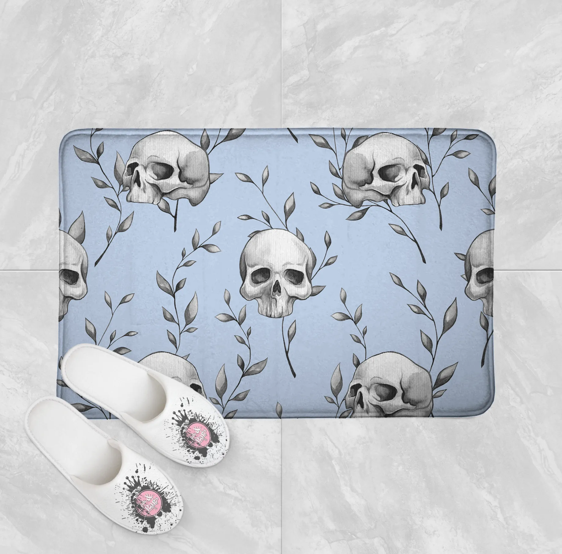 Powder Blue Skull and Branch Shower Curtains and Optional Bath Mats