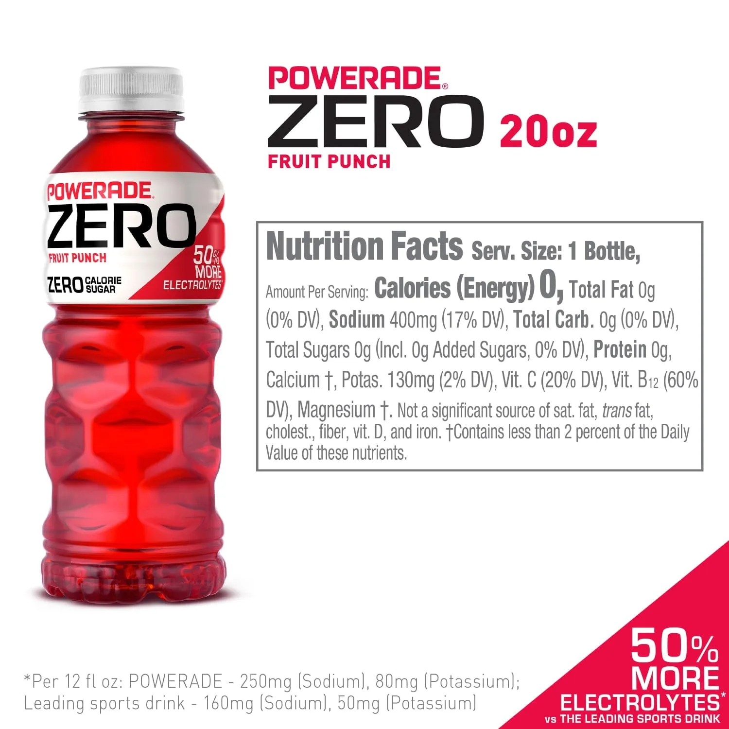 POWERADE Electrolyte Enhanced Zero Sugar Fruit Punch Sport Drink, 20 fl oz, 8 Count Bottles