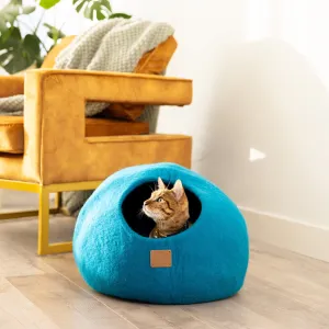 Premium Felted Wool Cat Cave Bed - Ocean Blue