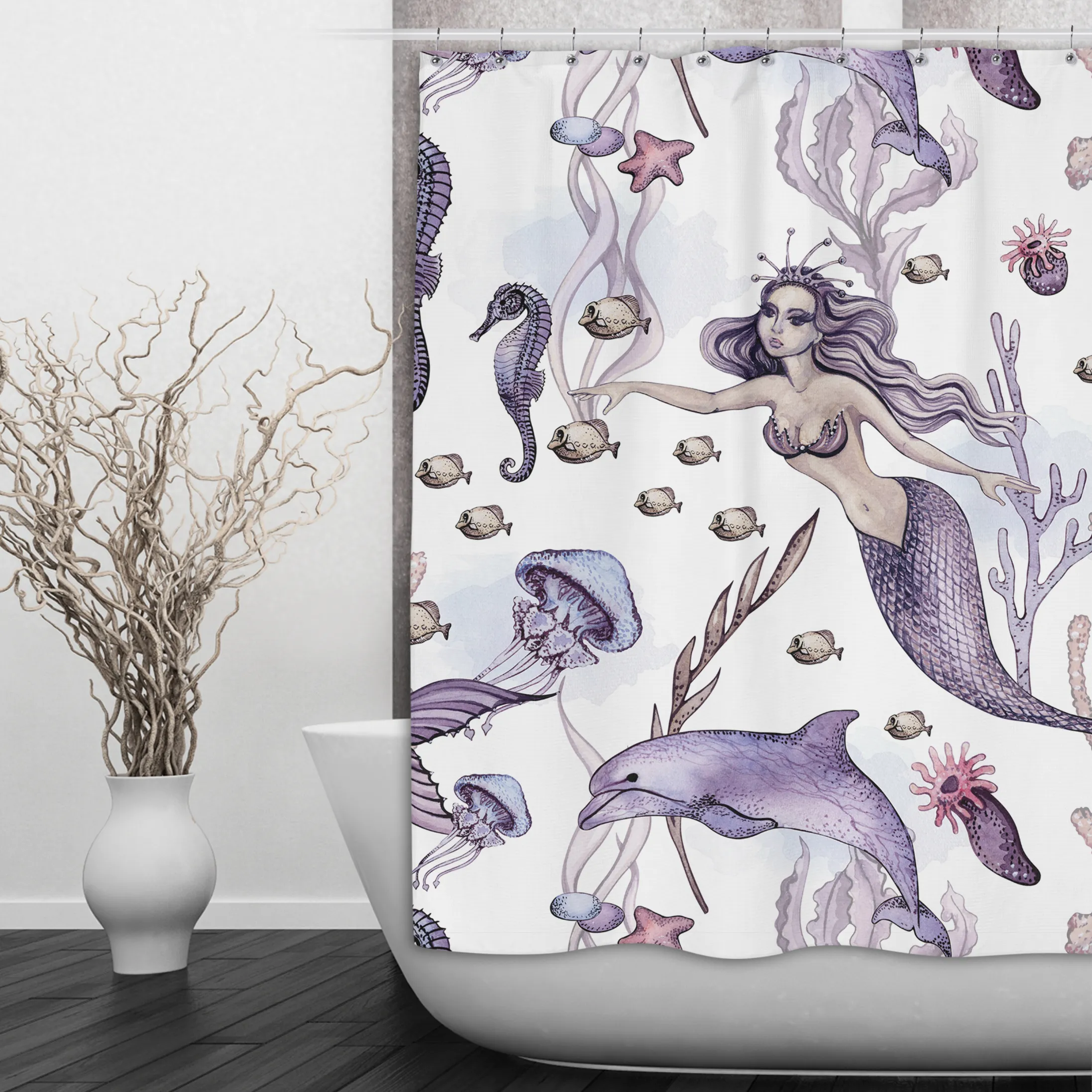 Purple Mermaid Dolphin Shower Curtains and Optional Bath Mats