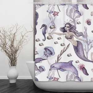 Purple Mermaid Dolphin Shower Curtains and Optional Bath Mats