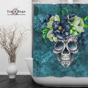 Teal Webbed Sugar Skull and Flower Shower Curtains and Optional Bath Mats