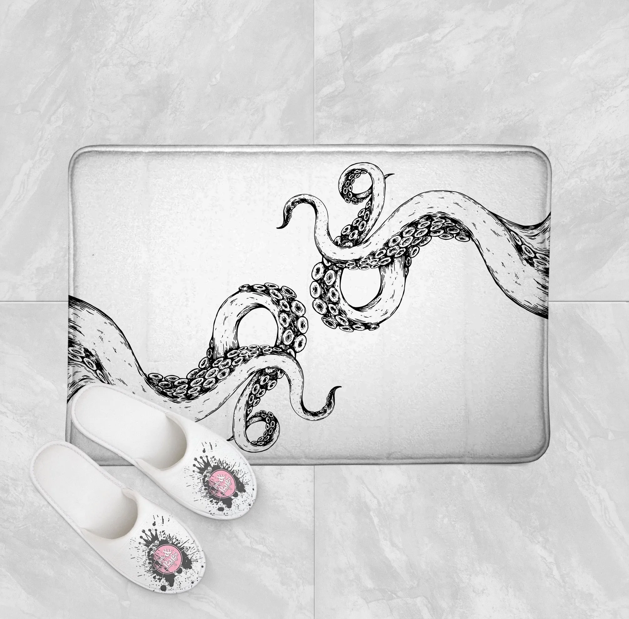 Wrapped in Tentacles White Octopus Shower Curtains and Optional Bath Mats